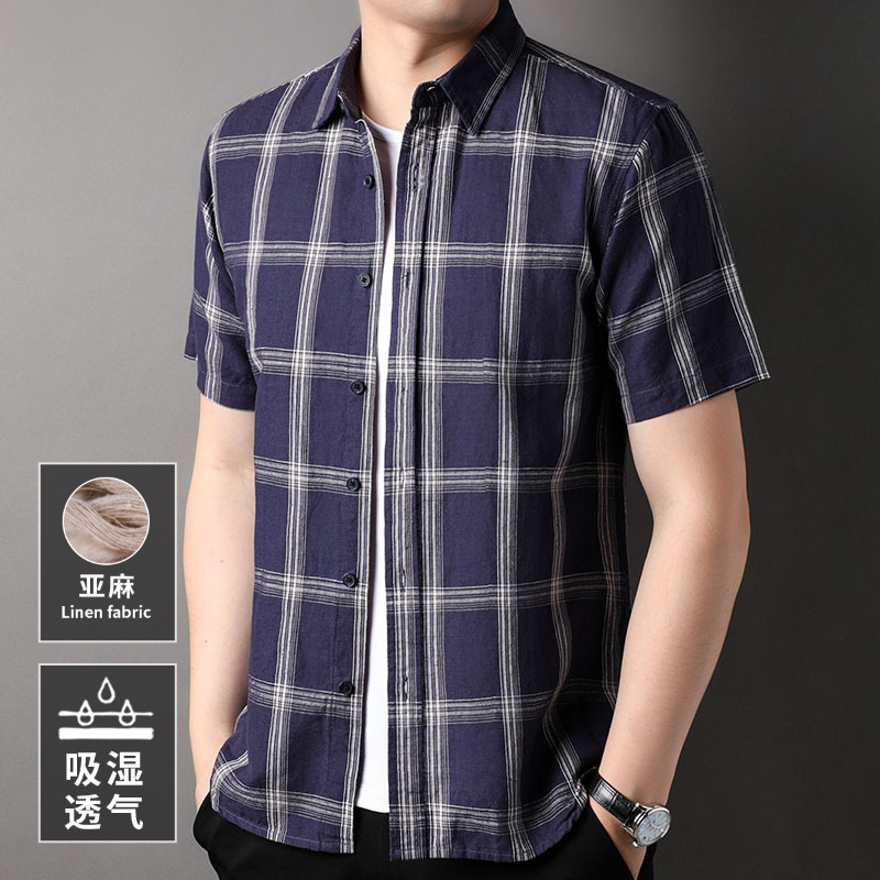 Linen Short-sleeved T-shirt Men's Shirt Plaid Cotton and Linen Lapel Summer New Chinese-style Trendy Young and Middle-aged Shirt