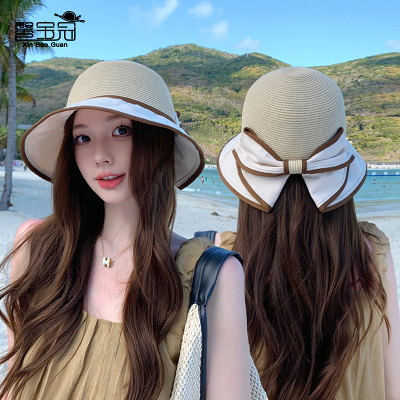 8456 Spring and Summer Korean Style Bow Fisherman Hat Travel Easiest for Match Sun Hat Women's Spliced Sun Protection Straw Hat