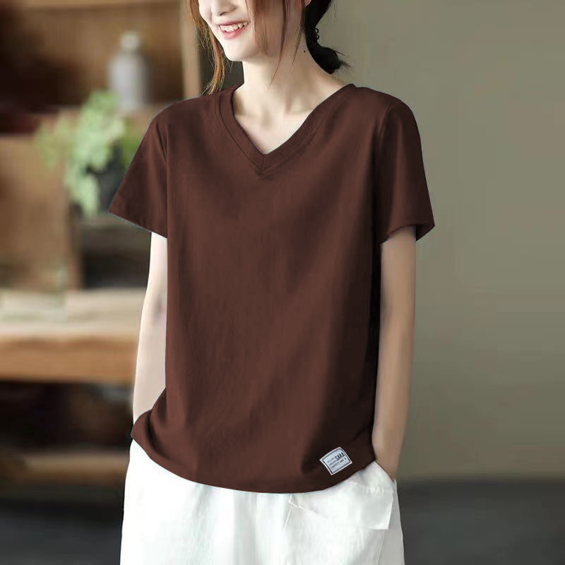This Year's Trendy Belly-Covering Loose Short-Sleeve Tops, 2026 Summer New Versatile V-Neck Design with Patchwork T-Shirt for Women