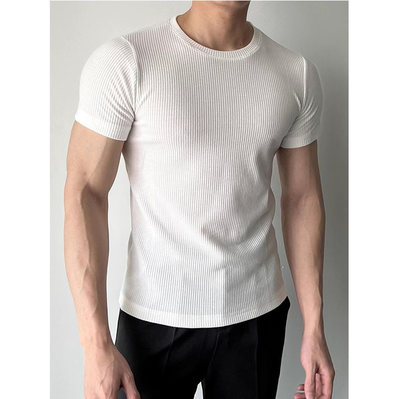 2025 Summer Thin Men's Short-Sleeved T-Shirt Slim Ice Silk Bottoming Shirt Casual Tight Stripesd Ice-Feel Men's Top