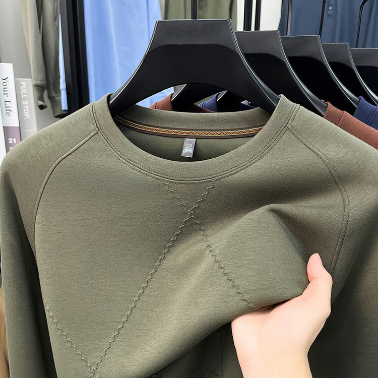 Spring New Men's Sweatshirt Fashion Trendy Diamond Pattern Solid Color T-Shirt Versatile Simple Comfortable Men's Crew Neck Sweatshirt