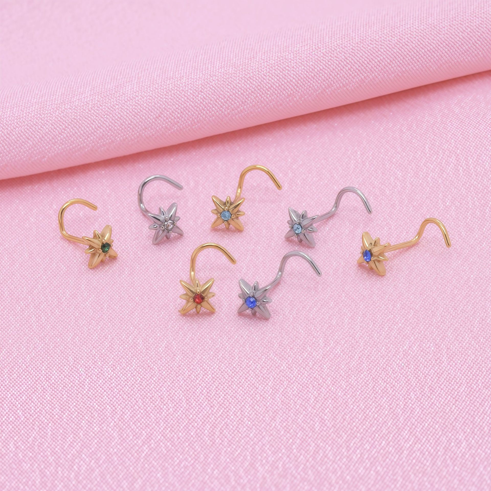 Small Wholesale Cross-Border New Product Stainless Steel Personalized Eight-Pointed Star Nose Stud with Diamonds, Multi-Color Super Shiny Piercing Nose Jewelry