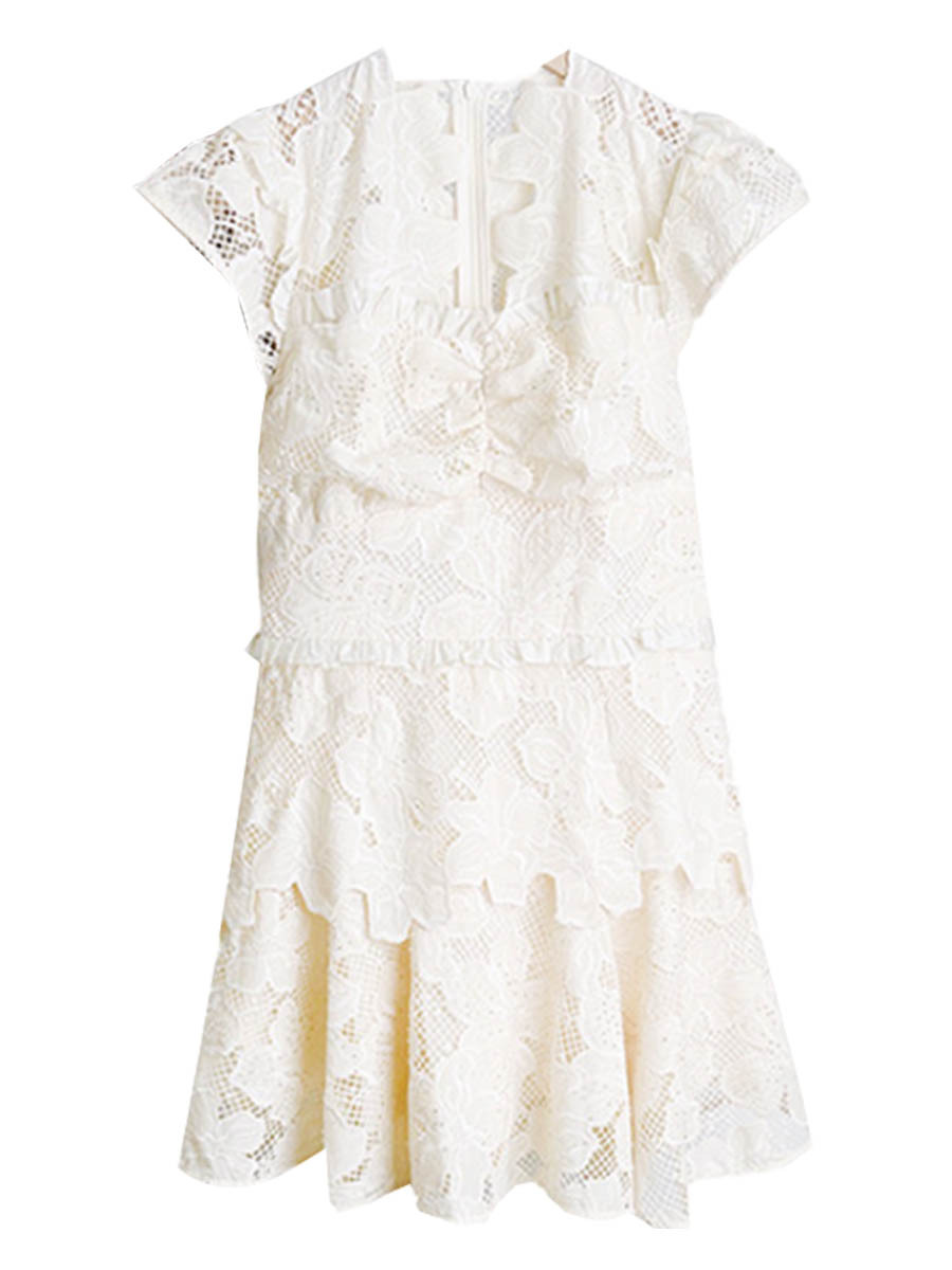 French Brand S's 2026 Summer New Hollow Lace V-Neck Beaded Fashionable and Elegant Dress