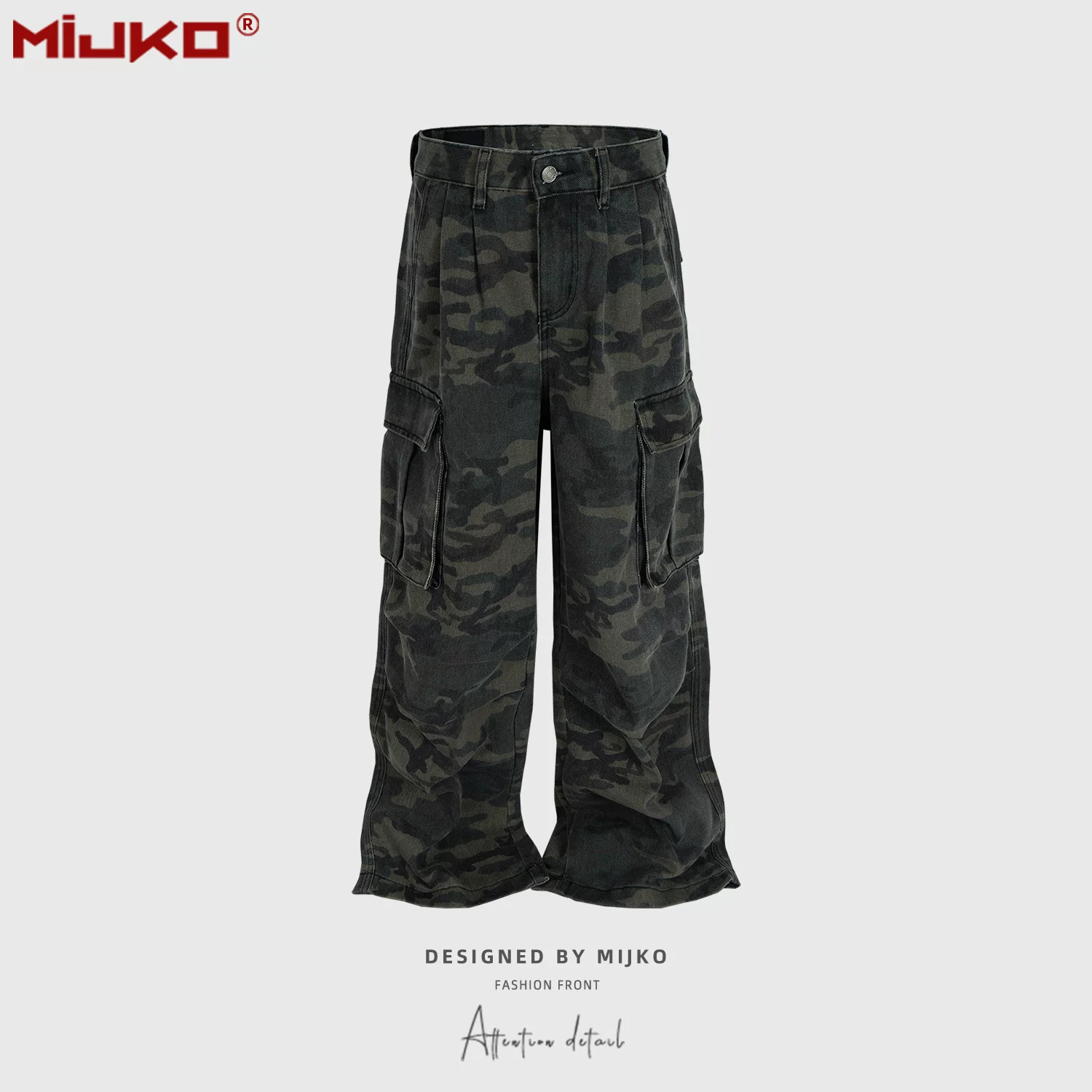 American high street washed camouflage pleated work pants for men and women, trendy brand casual micro flared straight leg wide leg hanging long pants