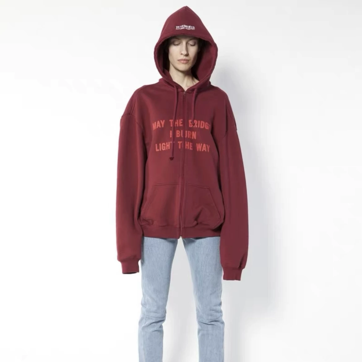 In Stock Vtm Mtb Zip up Hoodie Burning Bridges Slogan Burgundy Embroidered Hoodie