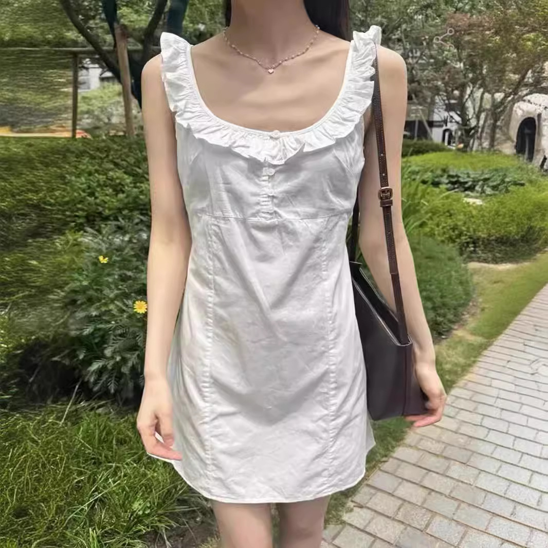 Brandy BM New Ruffled U-Neck Small Flying Sleeve Button dress Women's Bm Waist Strap Skirt A- line Skirt