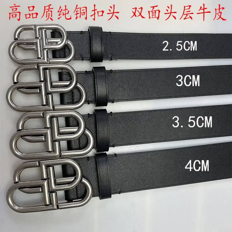 Paris New Style Unisex Belt Antique Silver Pure Copper Bb Buckle Double-Sided Top Layer Cowhide High-End Belt