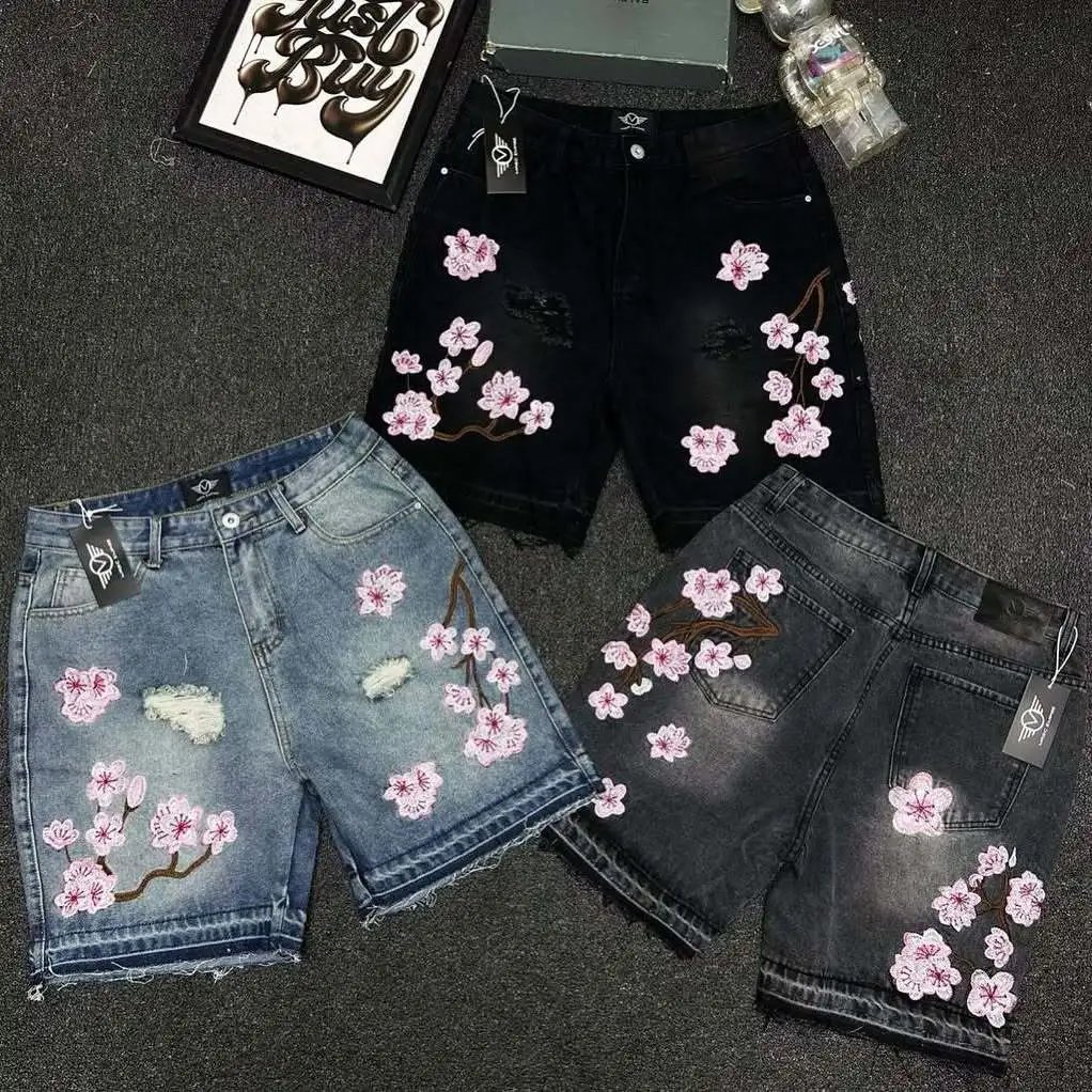 纯棉复古樱花刺绣牛仔短裤男士夏Y2K哥特嘻哈街头休闲裤中裤跨境