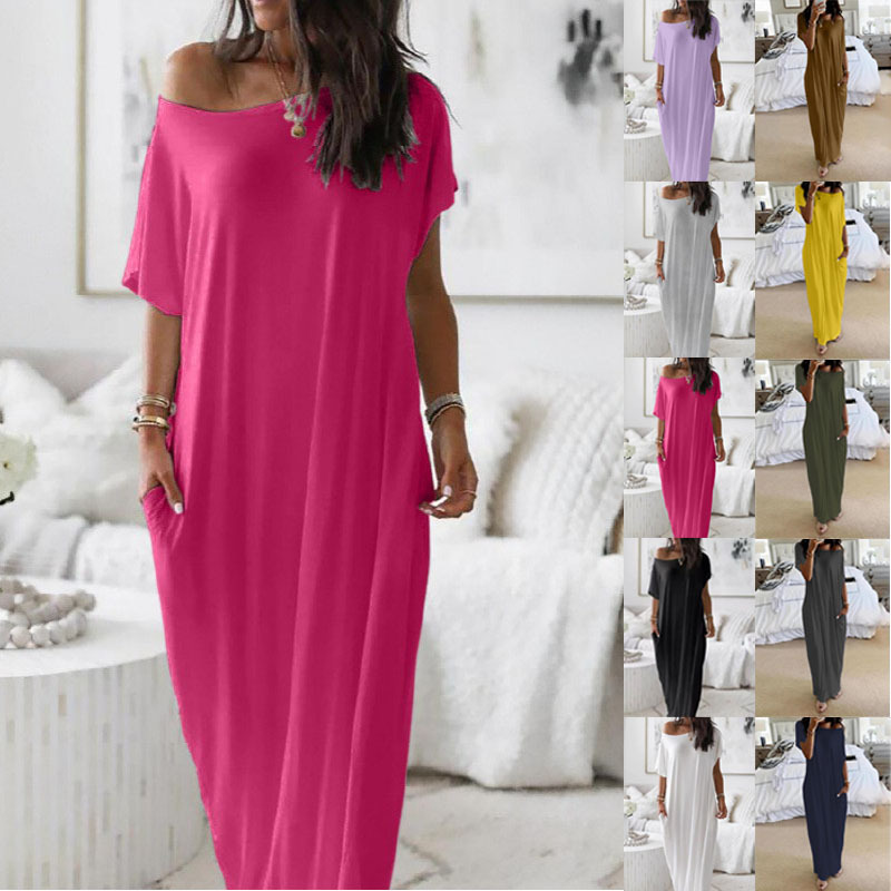 European and American Cross-Border Amazon Summer Women's New Fashion Off-Shoulder Short-Sleeve Long-Sleeve New Pocket Casual Dress
