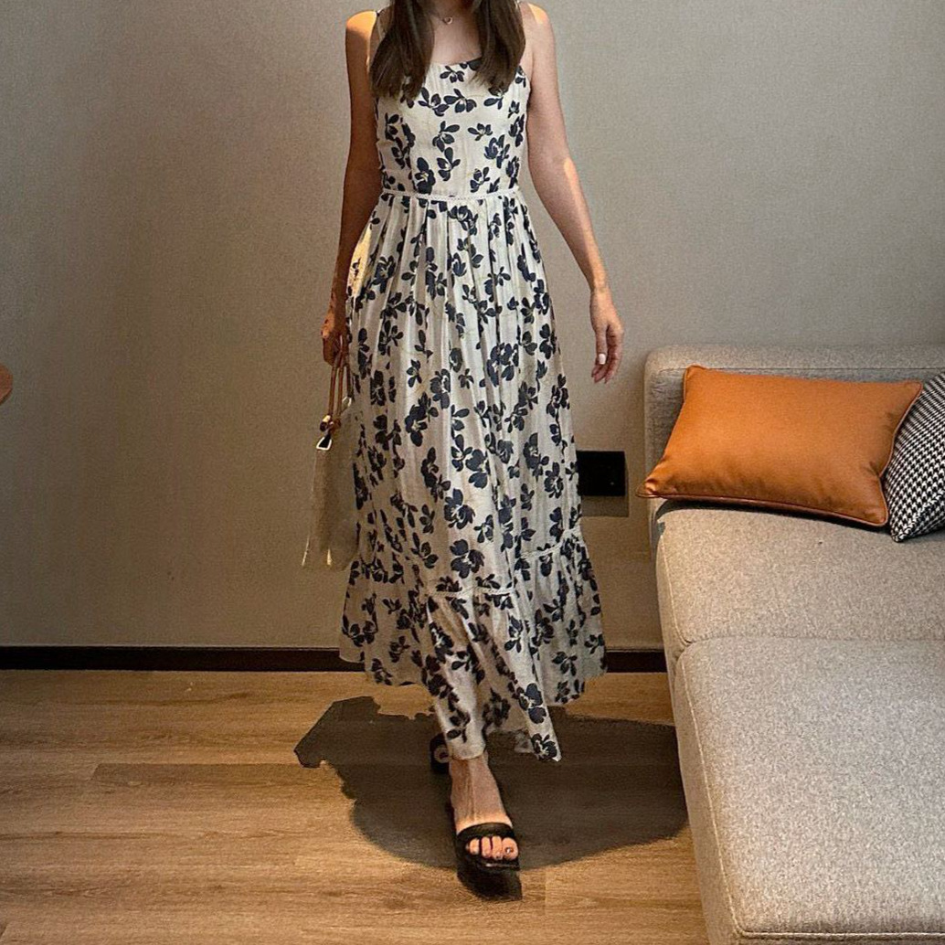 Nanyou 26 Summer New Style Adjustable Shoulder Straps Vacation Style Tencel Linen Splicing Strap Dress with Oversized Skirt