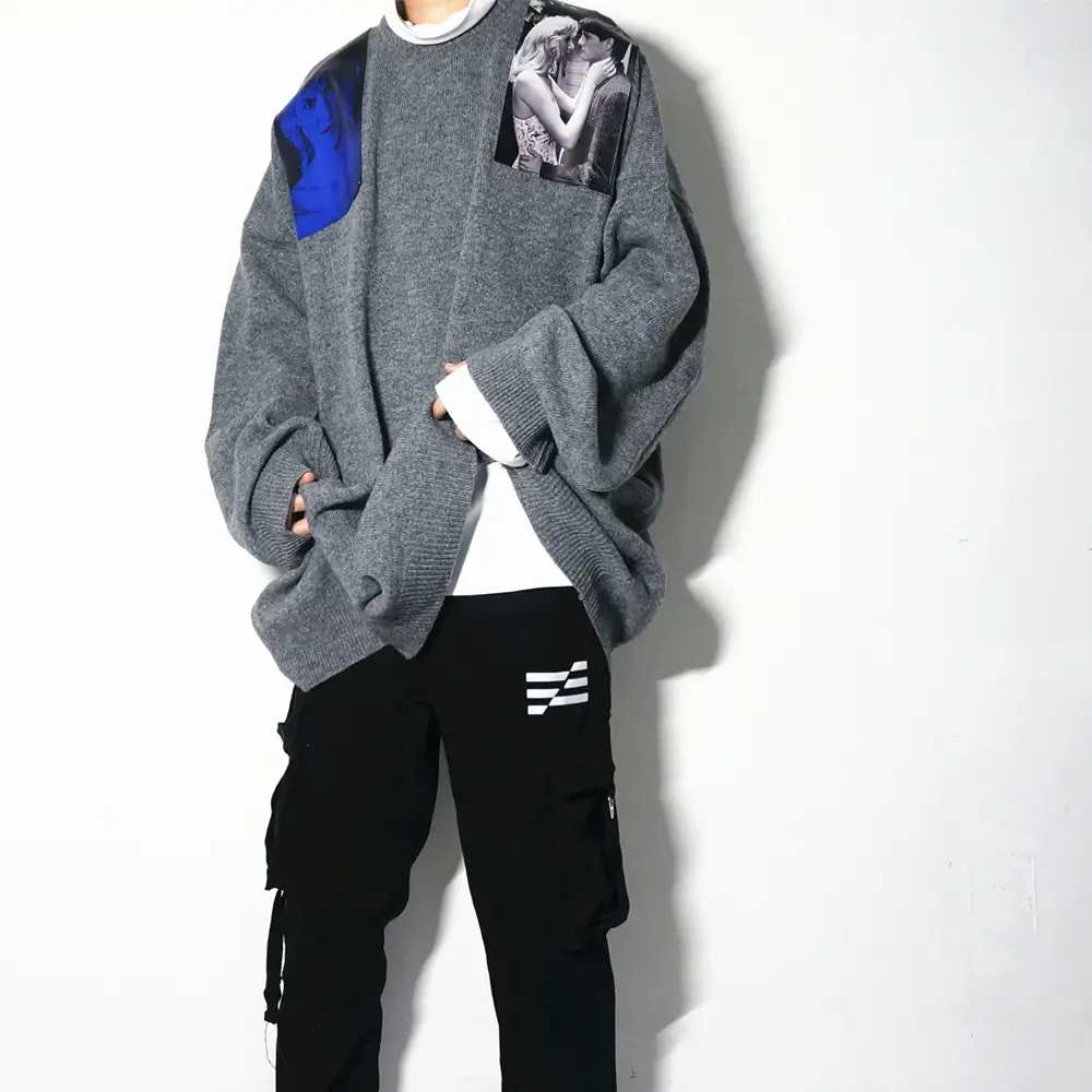 【 In Stock 】B.N Independent Raf19Fw High-Definition Blue Velvet Portrait Oversize Long Loose Men and Women Sweater