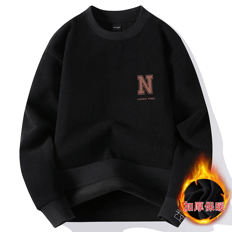 One-piece round neck sweater for men fleece-lined thickened 2022 autumn and winter New Fashion loose casual bottoming shirt handsome