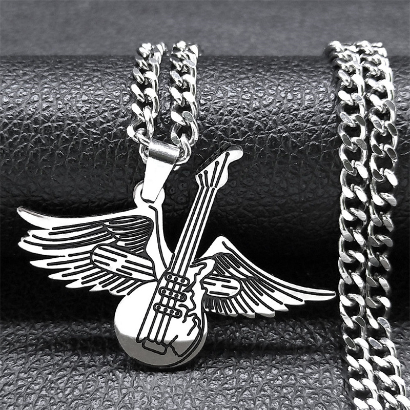 European and American jewelry 2023 new creative angel wings electric guitar punk stainless steel necklace men's and women's titanium steel pendant