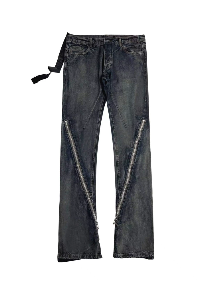 Deeds Ro Style Banana Cut Blue-Dyed Long Zipper Washed Vintage Slim Fit Opuim Jeans Trousers