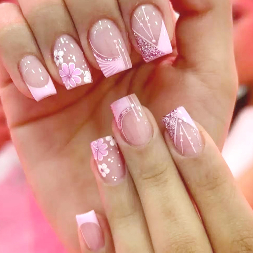 Medium-Sized Square Glossy Wearable Nails for Spring and Summer, White and Pink Glitter, Floral Polka Dots, Lines, Nail Art, Foreign Trade, 24-Piece Fake Nails
