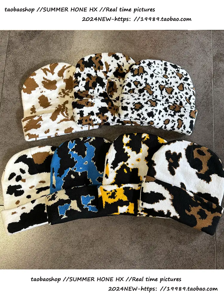 American Trendyy Cow Pattern Cuffed Woolen Hat Autumn and Winter Men's and Women's Street Hip-Hop Leopard Print Thickeneded Warm Cold Hat