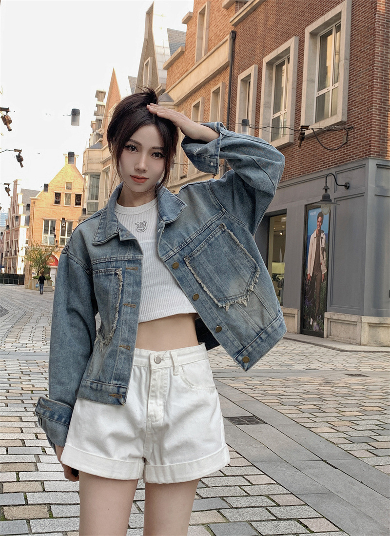 Internet Celebrity Sweet Cool Denim Jacket Women's Spring and Autumn New Hong Kong Style chic Retro Casual Short Burr Top Fashionable Jacket