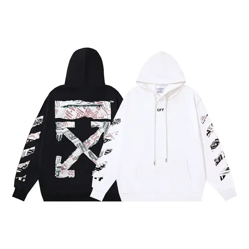 2025 Autumn and Winter New Ow Newspaper Letter Arrow Pattern Pullover Hooded Sweatshirt for Men and Women, One Piece Wholesale