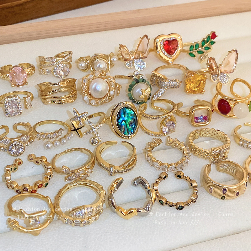Gold-plated zircon geometric opening ring Korean ins fashion explosion food finger ring niche high-end jewelry wholesale