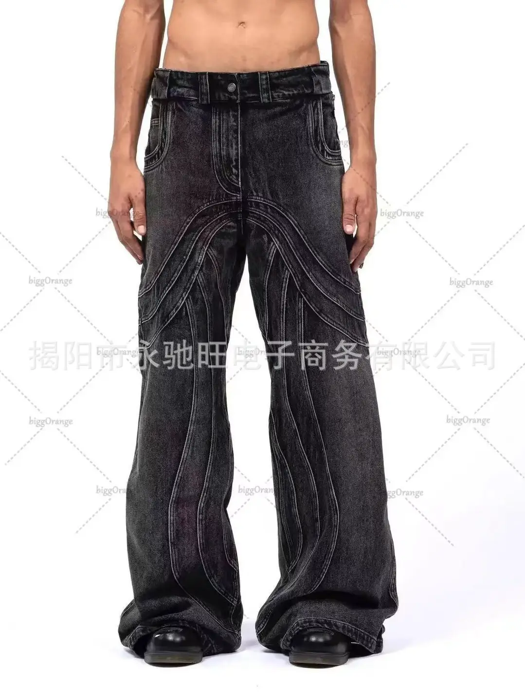 Heavy duty wave ripple old wash 2024 new heavyweight black gray micro flare denim loose pants