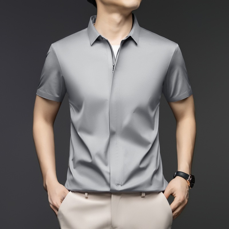 20257A Sun Protection Uv Ice Silk Short-Sleeved Shirt Men's Summer Casual Lapel Hidden Zipper Shirt