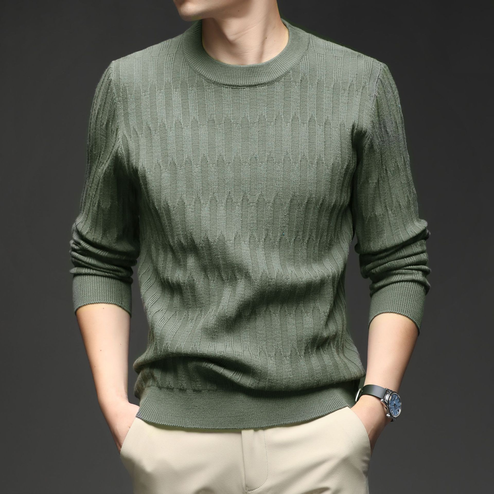 Knitted Sweater Men's Round Neck Jacquard New Long-Sleeved Bottoming Shirt Simple Classic Casual Versatile Men's Sweater