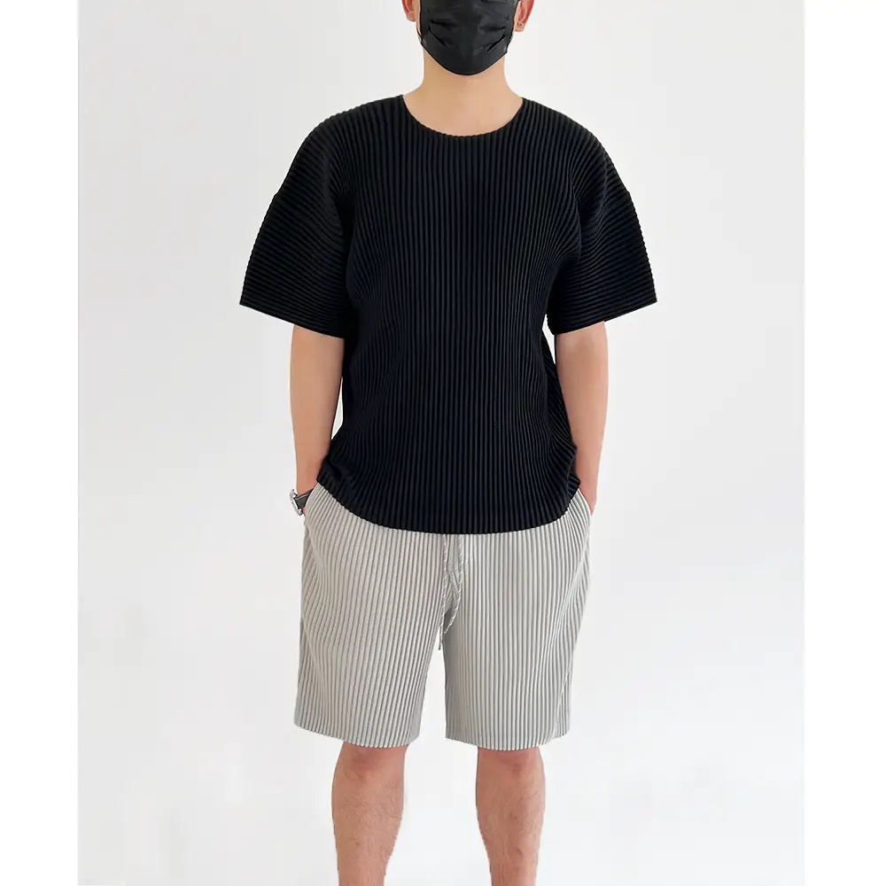 Men Pleated Casual Pants 2024 Summer New Products pure color Sports Loose Tie Mid Waist Half Length shorts Straight