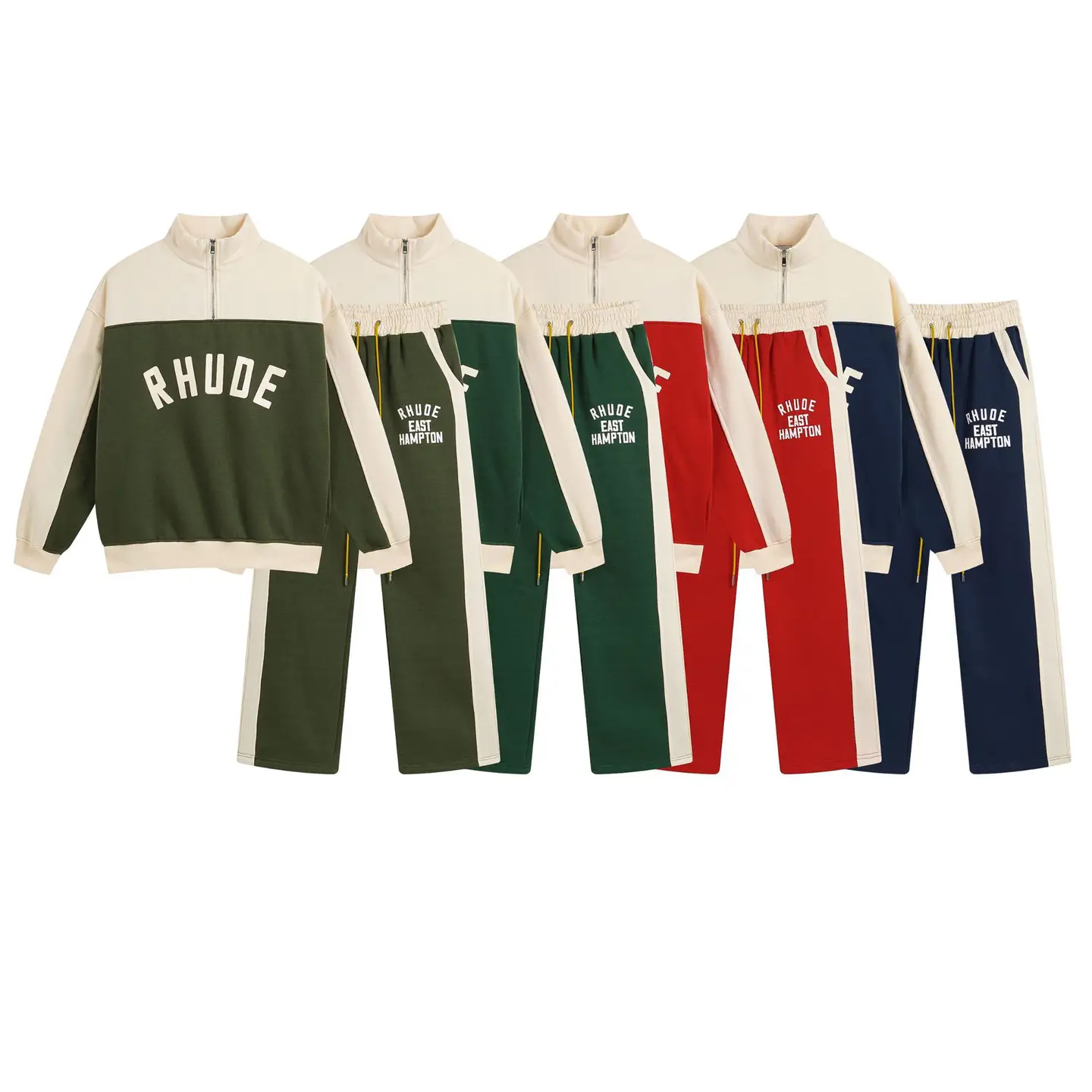 24SS cross-border European and American fashion brand RHUDE color matching fleece-lined half zipper sweater men's and women's high street sports trousers suit