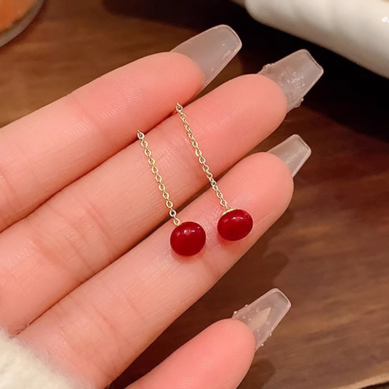 Red round bead tassel ear line women's new simple geometric eardrop niche design acacia bean earrings wholesale tide