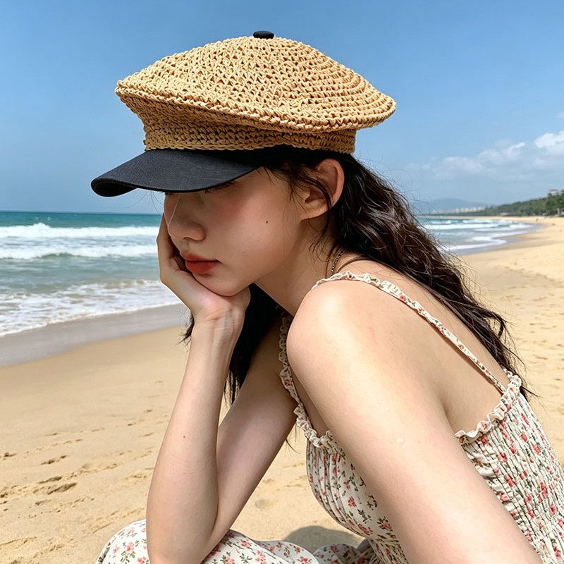 Handmade Straw Crochet Octagonal Cap Children's Summer Travel Holiday Stitching Personality Navy Cap Hollow Tide