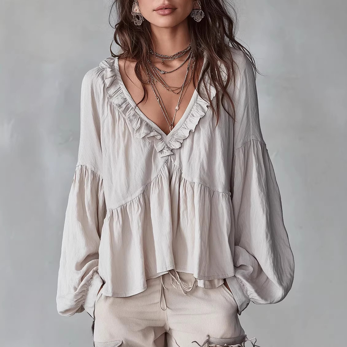2026 Spring/Summer European and American Casual Sweet Ruffled Puff Sleeve Pleated Shirt Top Independent Store