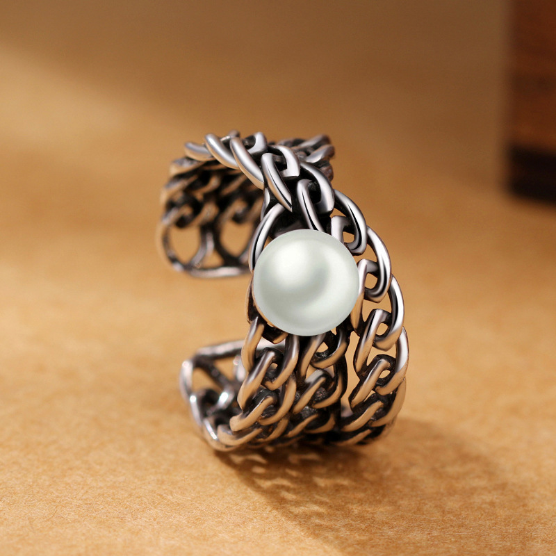 Woven mesh ring creative Pearl personality meson open ring silver jewelry one-piece delivery, finger