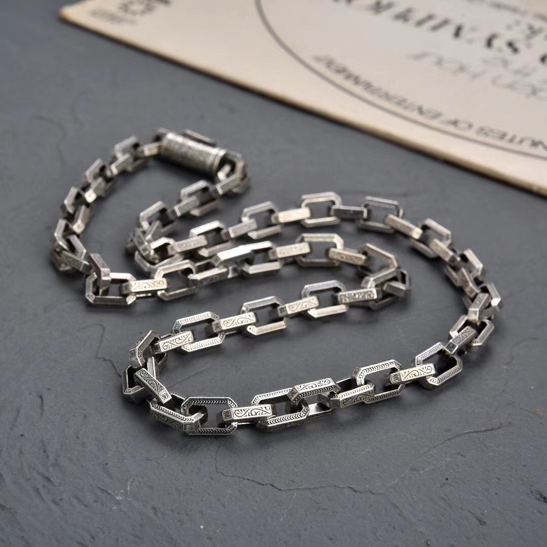 Yanyu Heavy Industry Solid European and American Personality Tang Grass Pattern Necklace Width 8.5m Retro Simple Domineering Hip Hop Necklace Chain