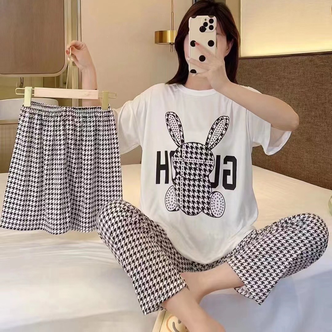 New Style Women's Summer Thin Short-Sleeve Long Pants Pajamas 2025 Sweet Cartoon Three-Piece Set Home Wear Can Be Worn Outside
