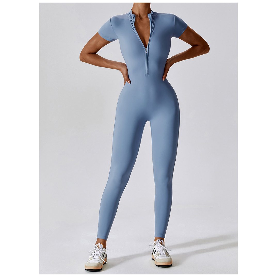Europe and the United States cross-border foreign trade new wholesale women's jumpsuit short sleeve trousers solid color zipper round neck Amazon quick sale