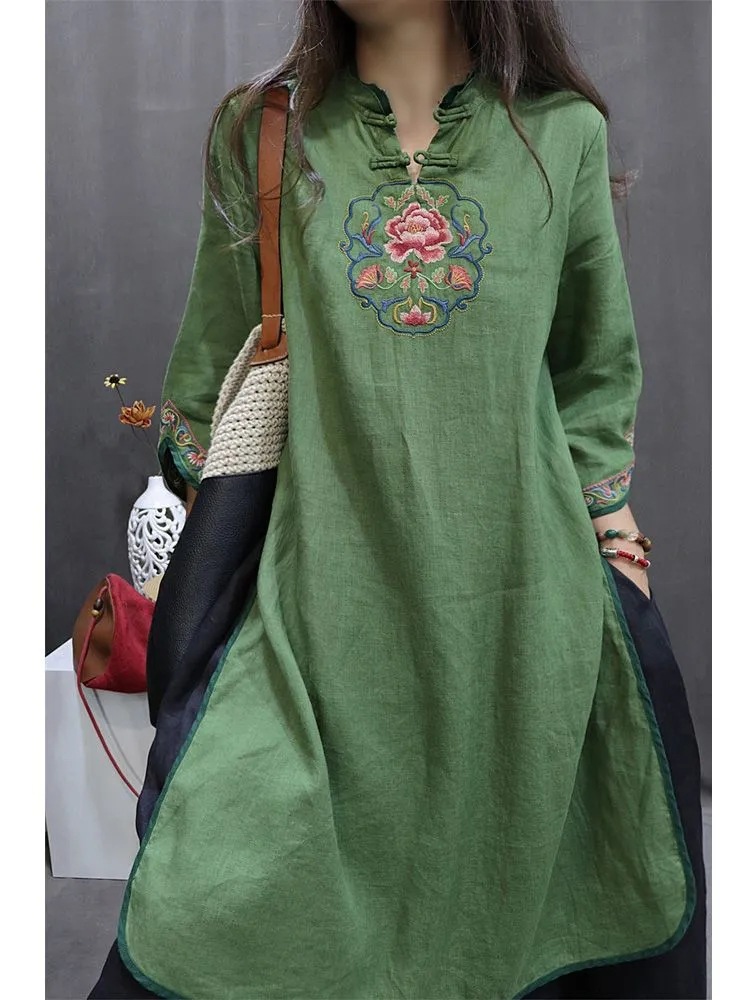 Chinese Cotton and Linen Retro National Style Dress Heavy Embroider Ethnic Summer Loose Skirt Mid-Length Three-Quarter Sleeves for Women