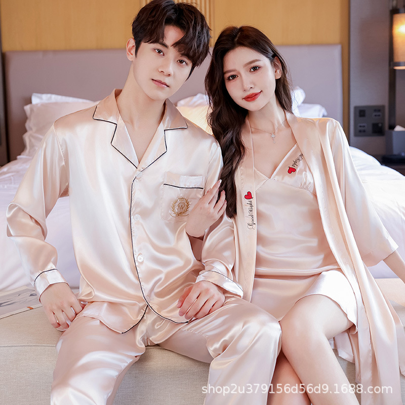 Spring and Autumn couple pajamas Ice Silk women's sexy nightdress nightgown two-piece Korean men's silk home wear plus size