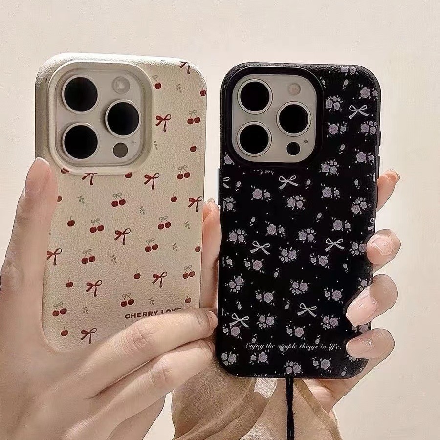 Leather Texture Bow Suitable for iPhone Case 17Promax Suitable for 14P Cherry Blossom Flower 15 Full Coverage 12Pro16