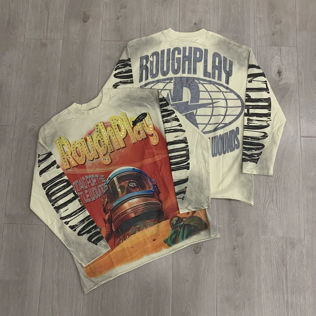 Roughplay Trendy High Street Vintage Distressed Washed Rhinestone Embellished Loose Heavyweight Pure Cotton Crew Neck Long Sleeve T-Shirt