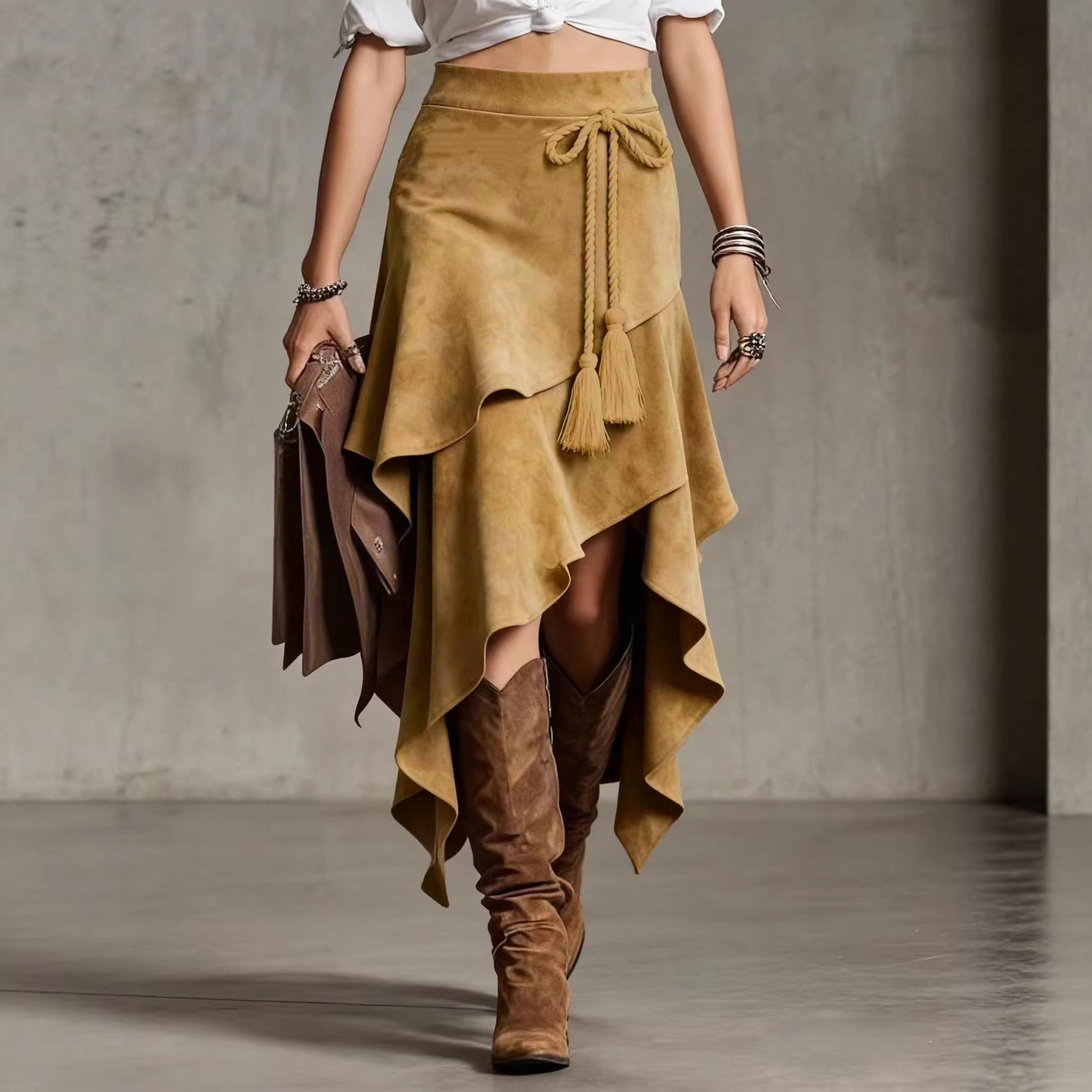 2026 Amazon European and American Cross-Border European Size Retro Western Style Irregular Design Suede Skirt Solid Color Skirt