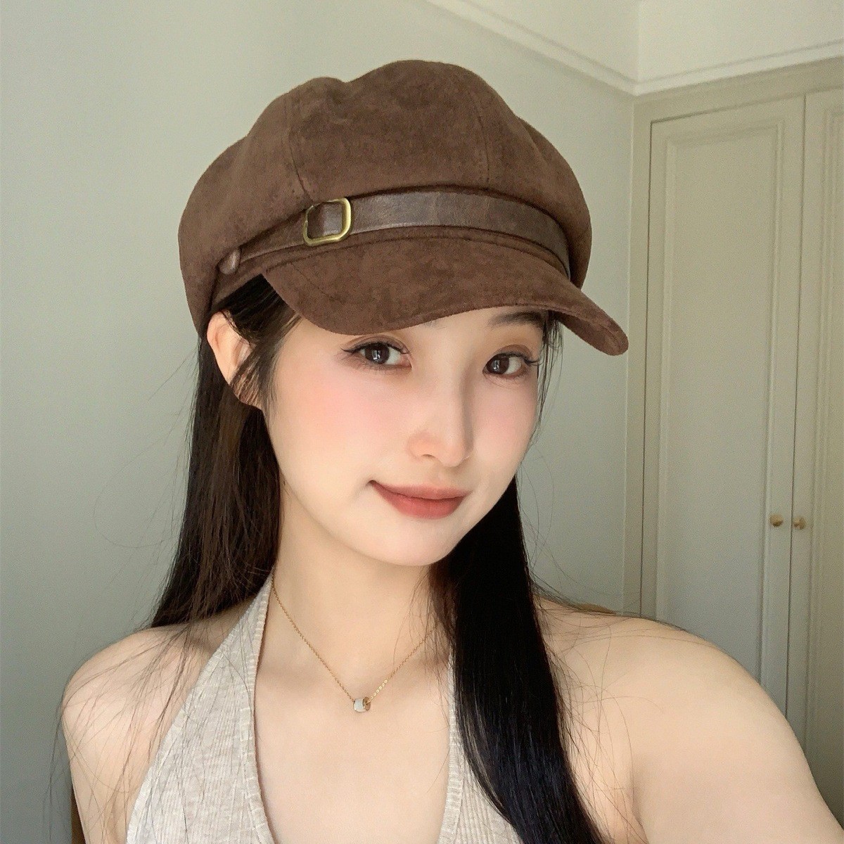 Mousse Brown ~ Autumn and Winter New Suede Retro Beret Women's Korean Style Fashionable Face-Shaping Small Octagonal Hat