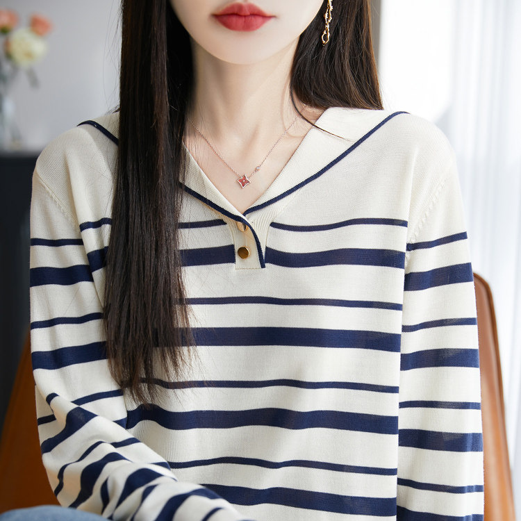 2026 Summer New Fashion Striped Navy Collar Knitwear Women's Loose Long-Sleeved Lapel T-Shirt Sweater Top