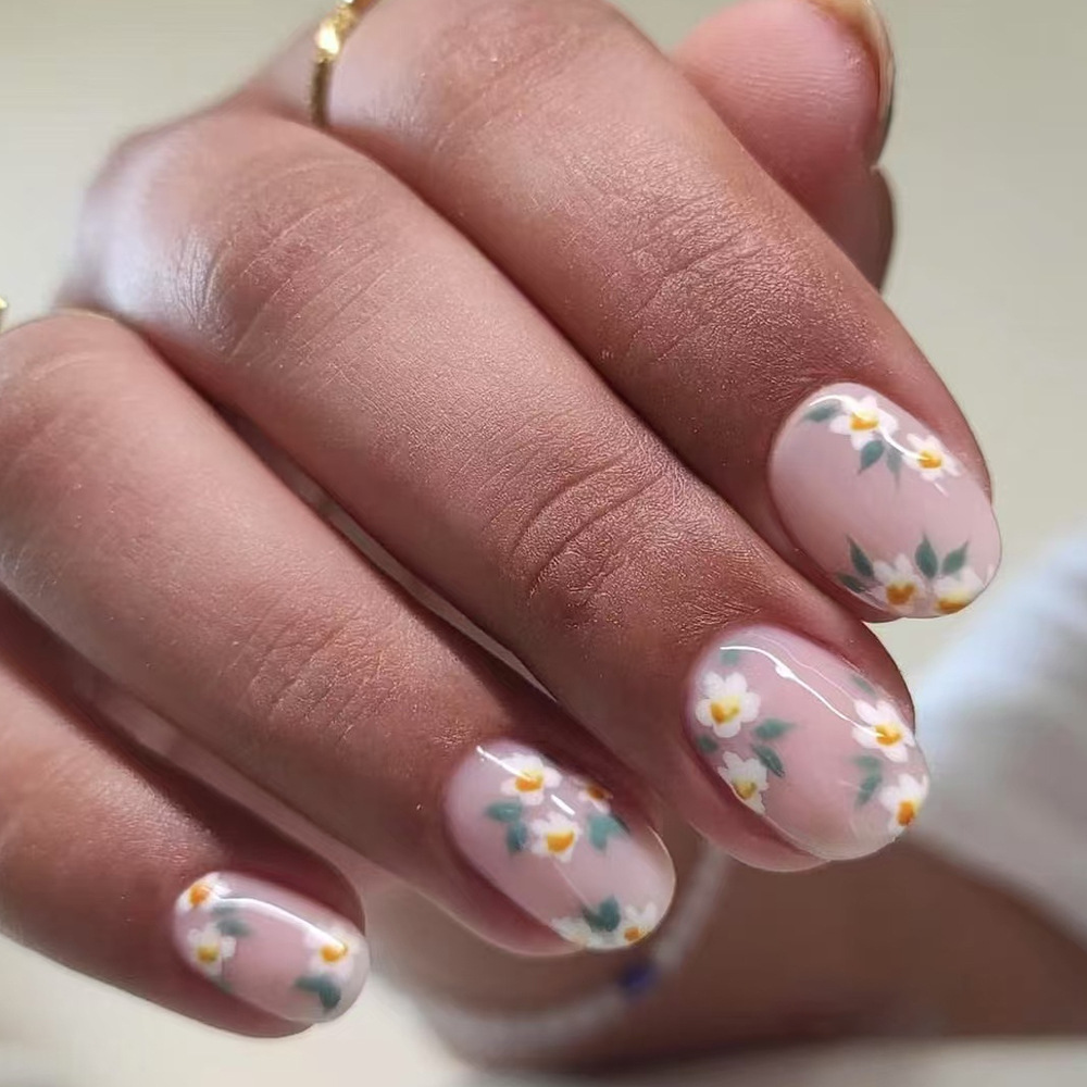 European and American Wearable Nails, Fresh, Gentle and Cute, Pink Flower Glossy Manicure, 24 Pieces of Fake Nails, Removable Cross-Border