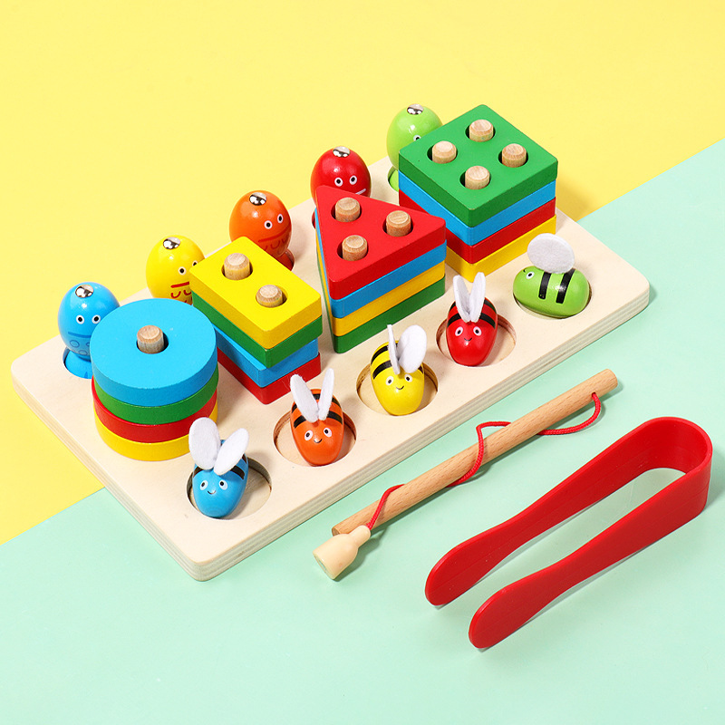 Cross-border fishing clip bee set column baby hand-eye coordination geometric shape cognitive matching product wooden early education toys