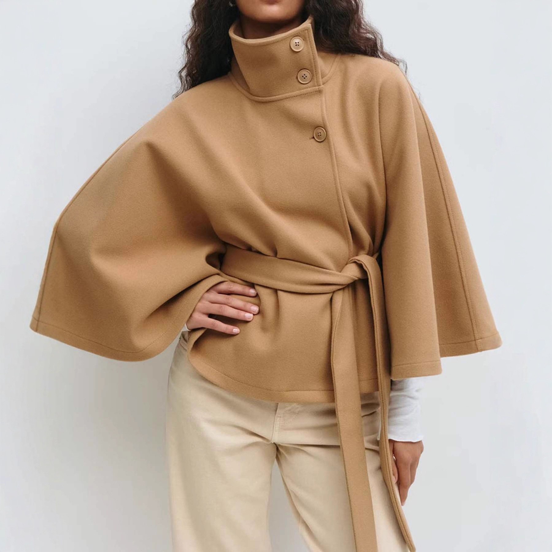 European and American Women's Autumn and Winter New Amazon Cross-Border Fashion Solid Color Cape Stand Collar Button Belt Trench Coat Jacket