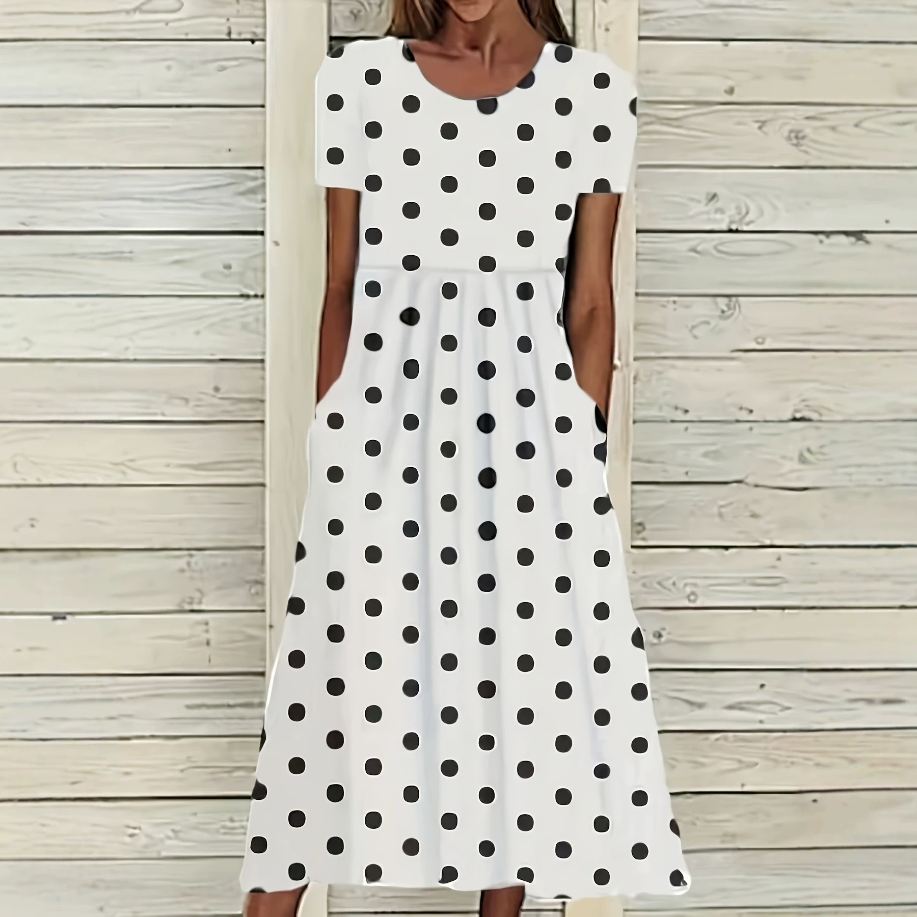 2026 European and American Cross-Border New Summer Fashion Mid-Waist Casual Round Neck Polka Dot Printed Short-Sleeved Dress for Women