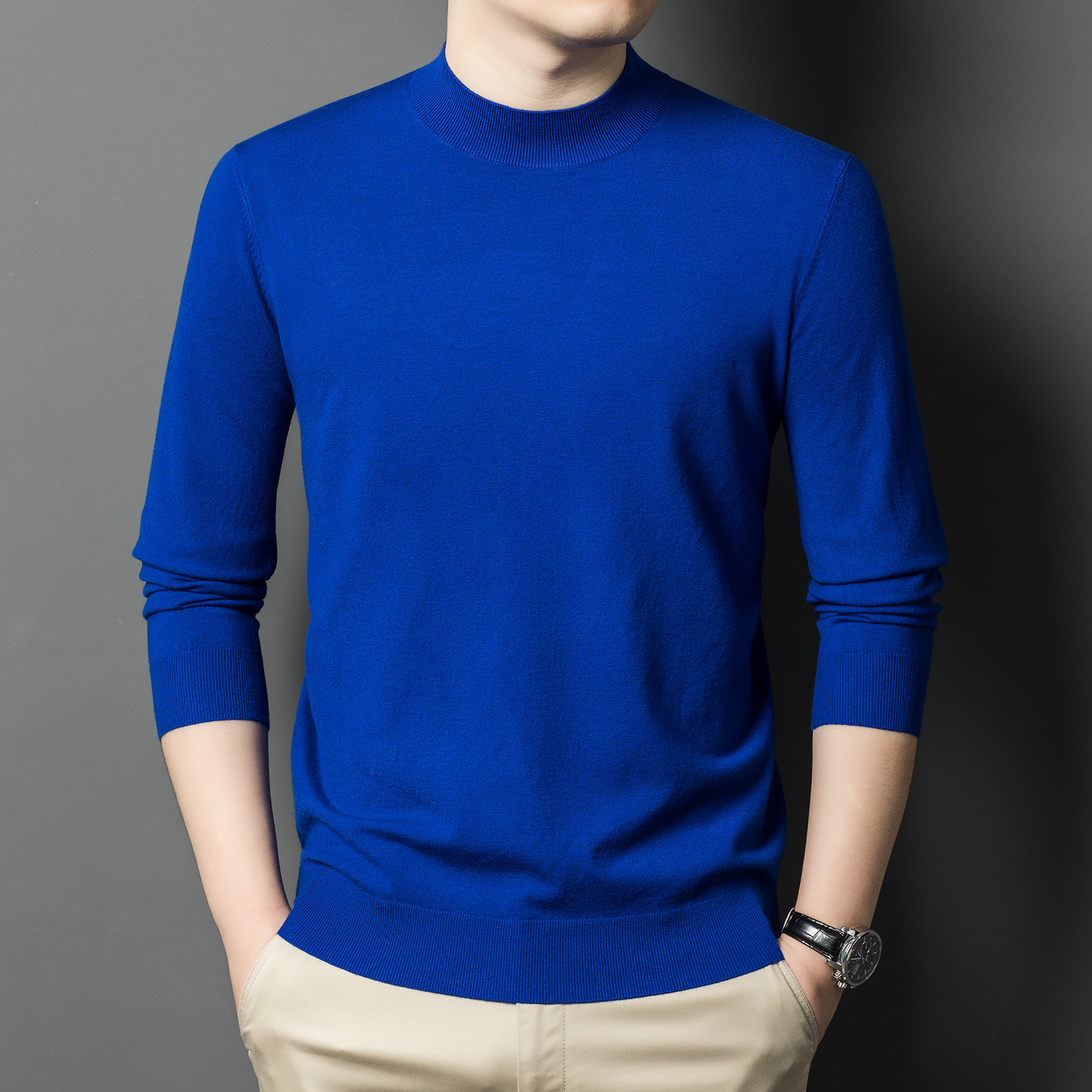 Autumn and winter new solid color long sleeve men's semi-high collar base knit fir slim fashion casual sweater wholesale