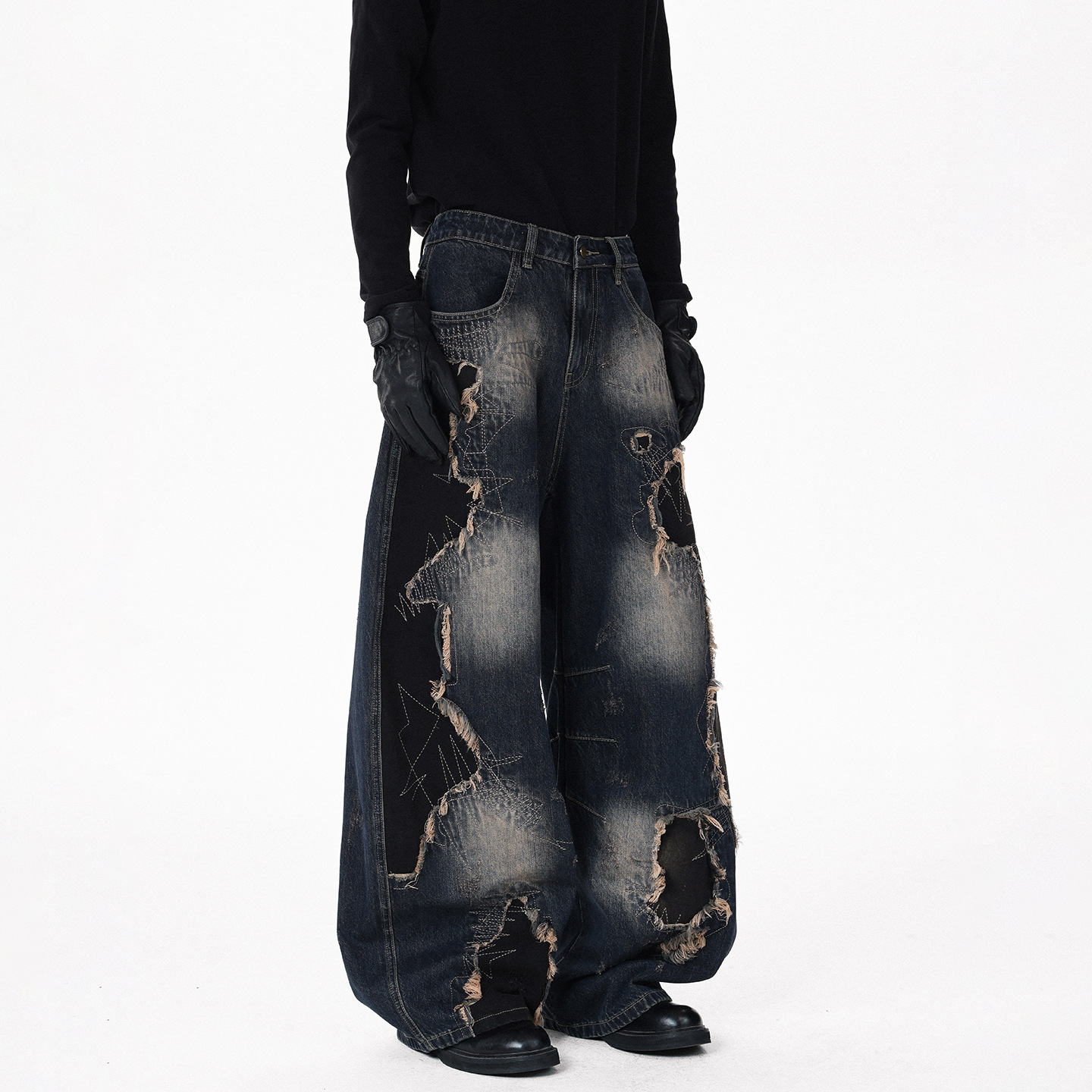 American High Street Style Patchwork Frayed Patch Jeans Unisex Hip-Hop Street Dance Loose Slimming Wide-Leg Pants