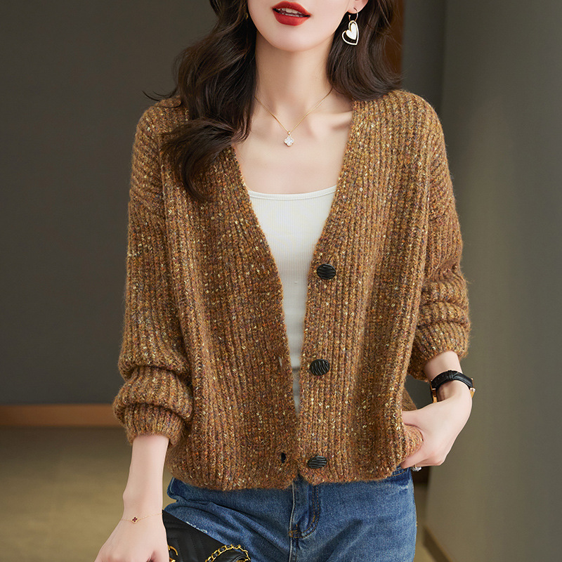 Mao Ning's New Autumn and Winter Colorful Spotted Yarn V-Neck Knit Cardigan with Single-Breasted Loose Fit Women's Sweater Cardigan