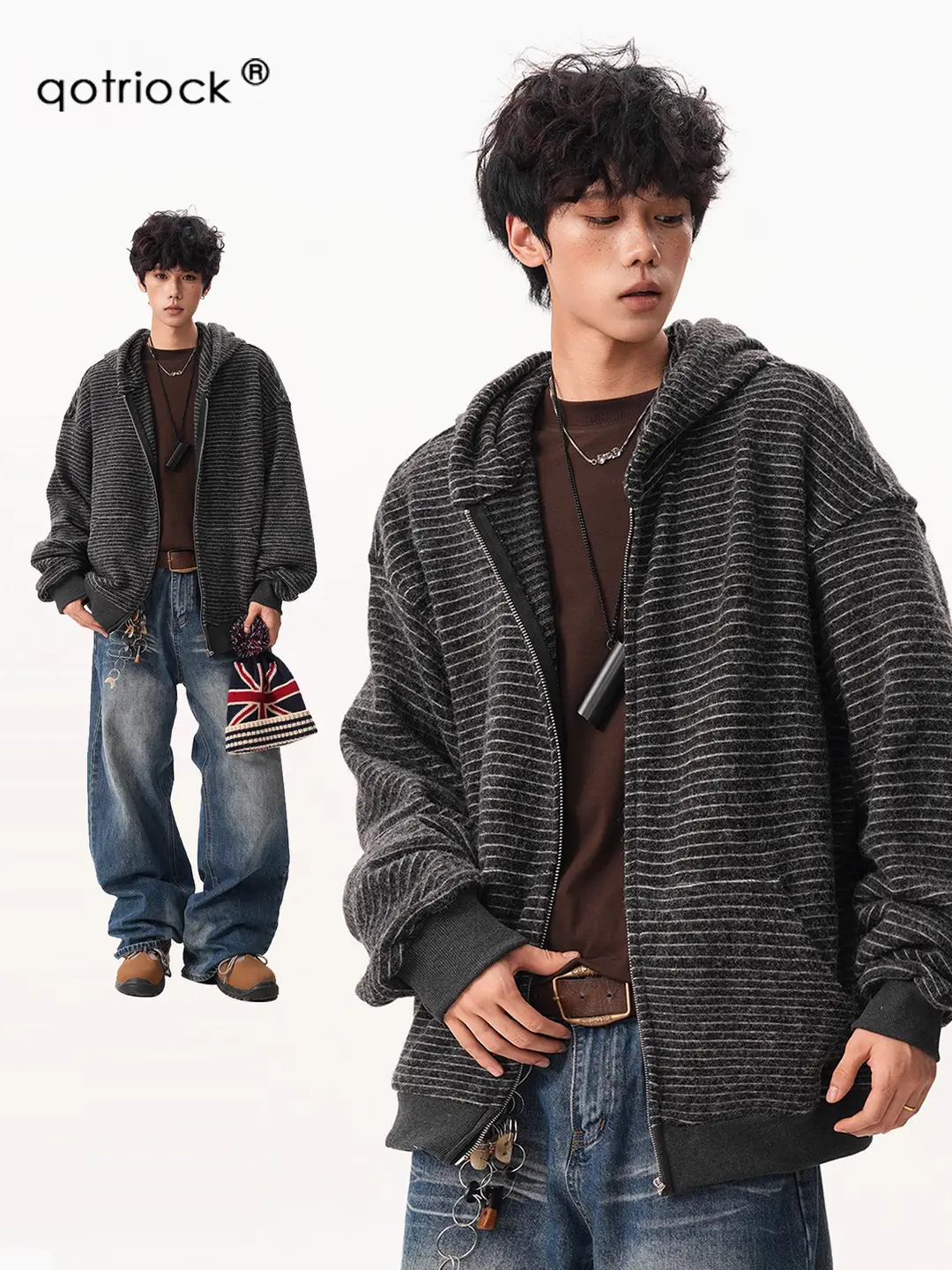 Retro Velvet Stripesd Hooded Cardigan Sweatshirt for Men in Autum, Loose and Versatile, Lazy Style Jacket, American Casual Jacket